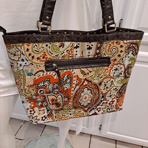 Alba Multicolored Boho Paisley Floral Cotton Tote W/Brown Faux Leather Trim